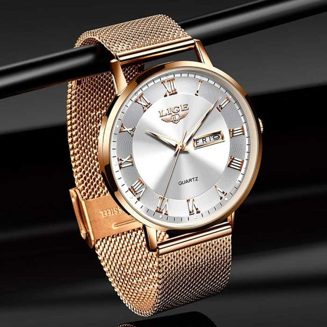 Ultradun Luxe Horloge voor Dames - Kalender Kwarts Roestvrij Staal Waterdicht Horloge Goud Wit