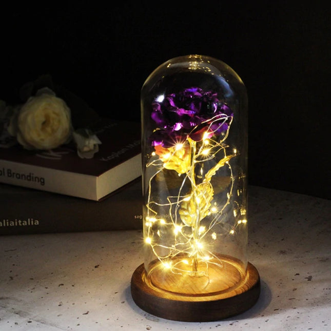 Kunst Roos in Glazen Stolp met Verlichting - Zijden Rozen Bloemen Luxe Glas Decor Ornament