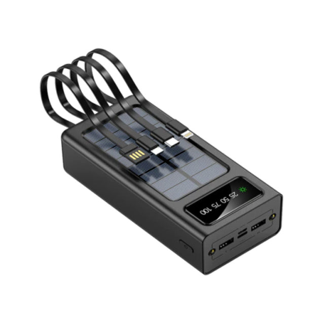 100.000mAh Solar Powerbank met 2 Uitvoer/2 Invoer Poorten - 4 Types Oplaadkabel - Ingebouwde Zaklamp - Externe Noodaccu Batterij Oplader Charger Zon Wit