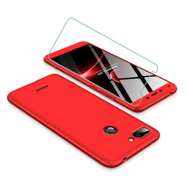 Xiaomi Redmi 5 Plus Full Cover - 360° Body Hoesje Case + Screenprotector Tempered Glass Rood