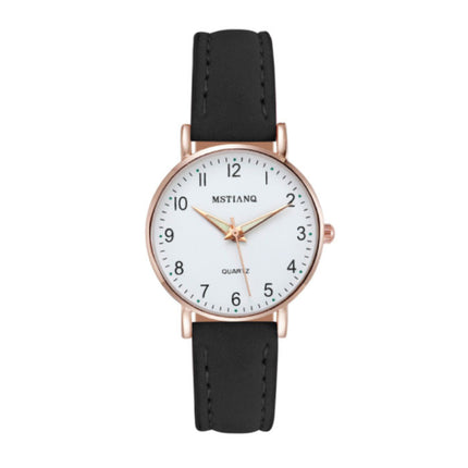 Minimalistisch Horloge voor Dames - Modieus Kwarts Uurwerk Vrouwen Lichtgevend Leer Bandje Zwart