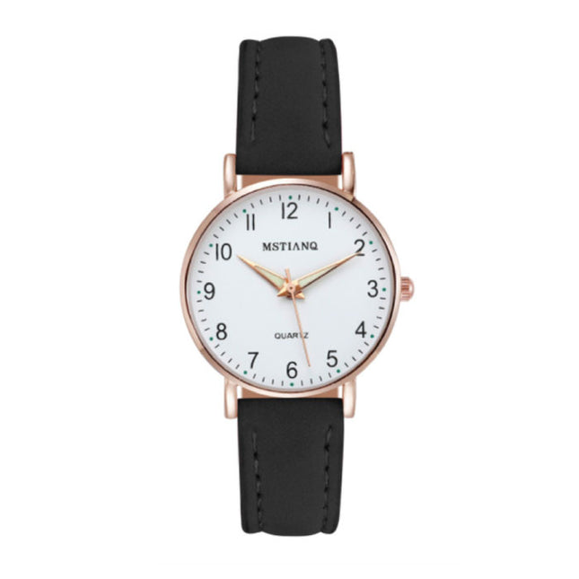 Minimalistisch Horloge voor Dames - Modieus Kwarts Uurwerk Vrouwen Lichtgevend Leer Bandje Zwart