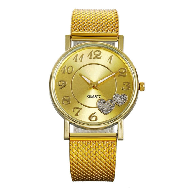 Horloge met Hartjes voor Dames - Kwarts Luxe Anoloog Uurwerk Roestvrij Staal Mesh voor Vrouwen Goud
