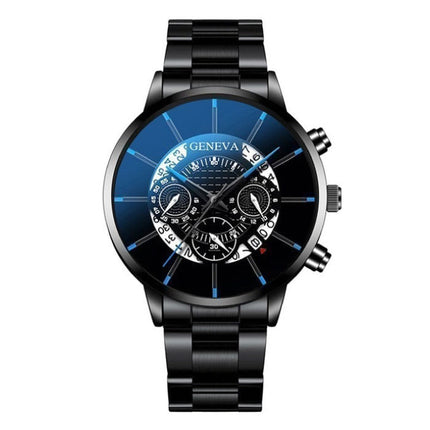 Klassiek Horloge voor Heren - Kwarts Stalen Riem Luxe Uurwerk Kalender Zakelijk Zwart Blauw