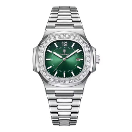 Luxe Vierkant Kwarts Horloge - 3 ATM Waterdicht Lichtgevend Herenhorloge Roestvrij Staal - Zilver Groen