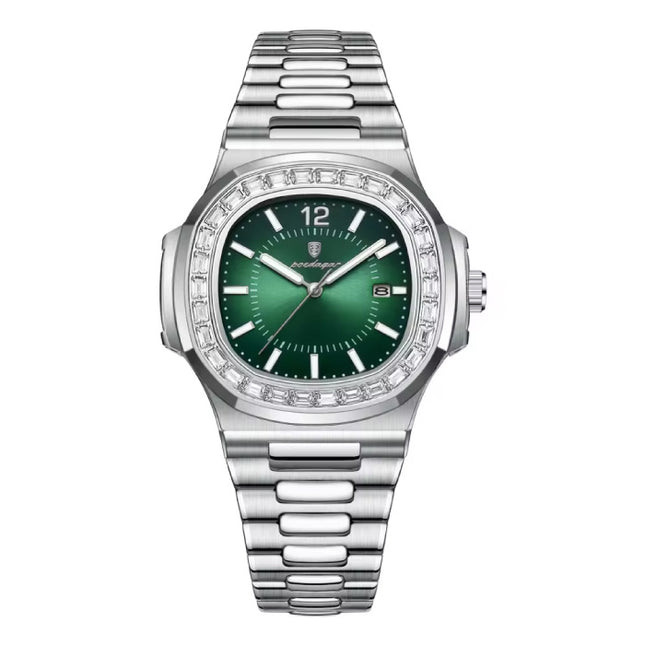 Luxe Vierkant Kwarts Horloge - 3 ATM Waterdicht Lichtgevend Herenhorloge Roestvrij Staal - Zilver Groen