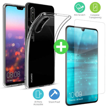Huawei P30 Lite Transparant TPU Hoesje + Screen Protector Tempered Glass
