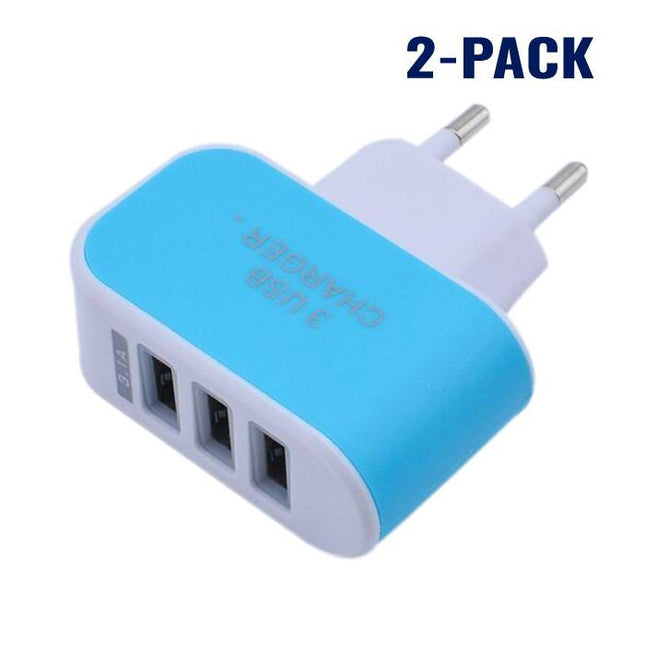 2-Pack  Triple (3x) USB Port iPhone/Android Muur Oplader Wallcharger Blauw