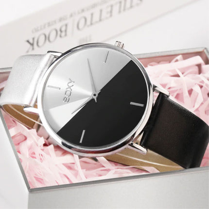 Minimalist Horloge voor Dames - Leren bandje - Anoloog Kwarts Uurwerk voor Vrouwen Zwart
