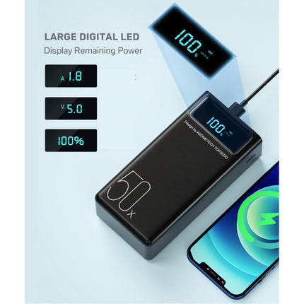 50X Powerbank met 4 Uitvoer/3 Invoer Poorten 50.000mAh - Ingebouwde Zaklamp - Externe Noodaccu Batterij Oplader Charger Wit