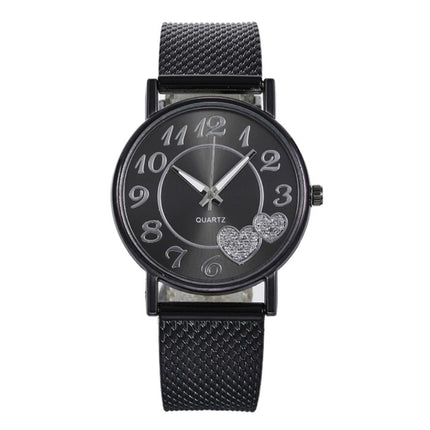 Horloge met Hartjes voor Dames - Kwarts Luxe Anoloog Uurwerk Roestvrij Staal Mesh voor Vrouwen Zwart