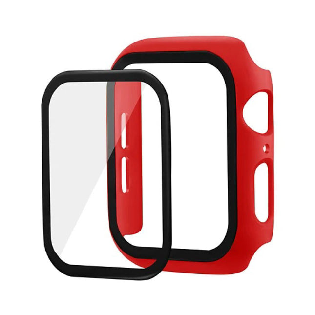 Full Cover voor iWatch Series 44mm - Hoesje en Screen Protector - Tempered Glass Hard Case TPU Rood
