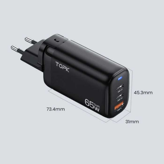 B314P 3-Port Stekkerlader - PD / Quick Charge 3.0 - Power Delivery USB Fast Charge 65W GaN - Oplader Muur Wallcharger AC Thuislader Adapter Zwart