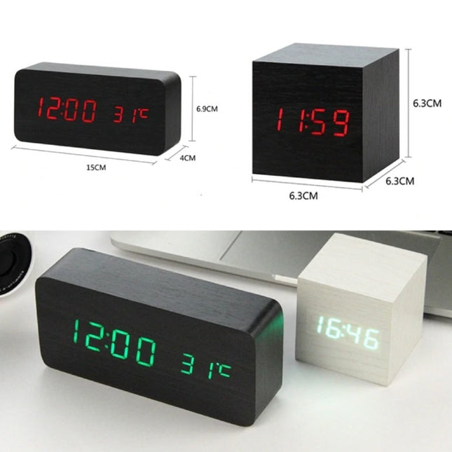 Houten Digitale LED Klok - Wekker Alarm  Snooze Temperatuur Helderheid Aanpassing Bruin