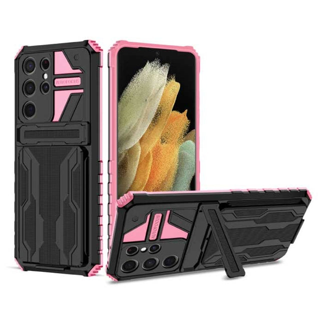 Samsung Galaxy A52 - Armor Card Slot Hoesje met Kickstand - Wallet Cover Case Roze