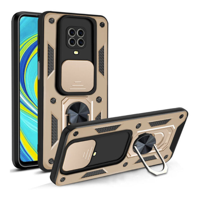 Xiaomi Redmi Note 10 Pro Max - Armor Hoesje met Kickstand en Camera Slide - Magnetische Pop Grip Cover Case Goud