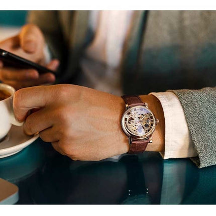 Gouden Kast Luxe Horloge voor Heren - Leren Bandje Transparant Mechanisch Skelet Zwart Goud