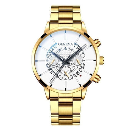Klassiek Horloge voor Heren - Kwarts Stalen Riem Luxe Uurwerk Kalender Zakelijk Goud Wit