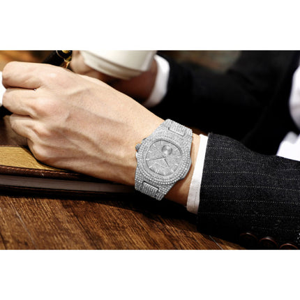 Full Diamond Luxe Horloge voor Heren - Roestvrij Staal Kwarts Uurwerk met Opbergdoosje Zilver