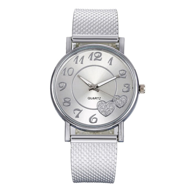 Horloge met Hartjes voor Dames - Kwarts Luxe Anoloog Uurwerk Roestvrij Staal Mesh voor Vrouwen Zilver