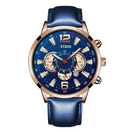 Roestvrij Staal Sport Horloge voor Heren - Kwarts Uurwerk Kalender Lichtgevende Klok Leer Rose Gold Blauw