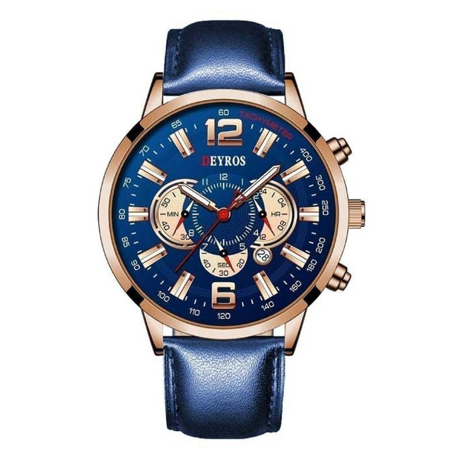 Roestvrij Staal Sport Horloge voor Heren - Kwarts Uurwerk Kalender Lichtgevende Klok Leer Rose Gold Blauw