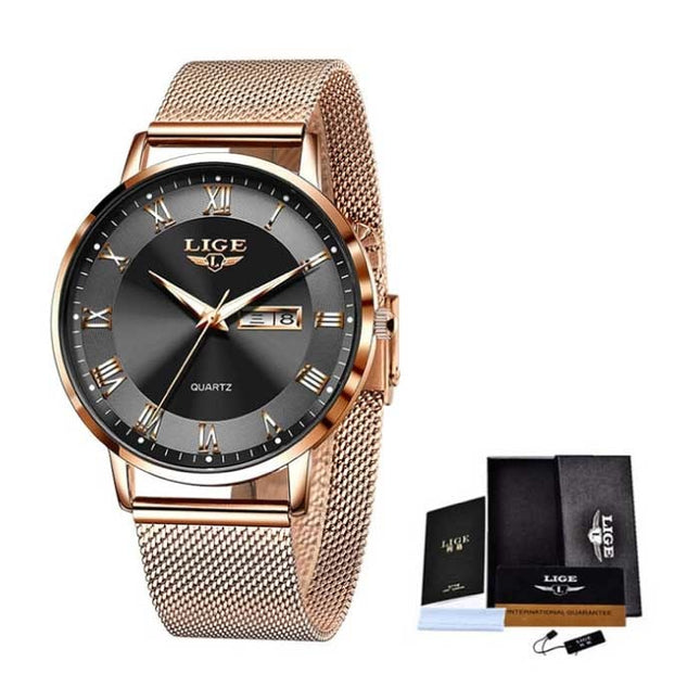 Ultradun Luxe Horloge voor Dames - Kalender Kwarts Roestvrij Staal Waterdicht Horloge Rose Gold Zwart