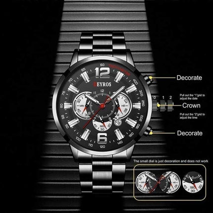 Roestvrij Staal Sport Horloge voor Heren - Kwarts Uurwerk Kalender Lichtgevende Klok Leer Zwart Zilver