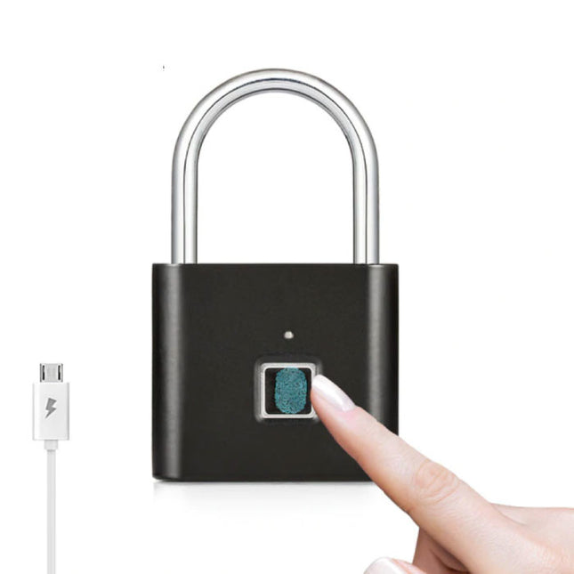 Hangslot Vingerafdruk - 10 Sets Fingerprints - Oplaadbare Smart Lock Vingerscan Fietsslot IP65 Waterdicht Ketting Slot Anti-Diefstal Roestvrij Staal Zwart