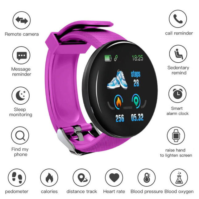Originele D18 Smartwatch Curved HD Smartphone Fitness Sport Activity Tracker Horloge iOS Android Roze