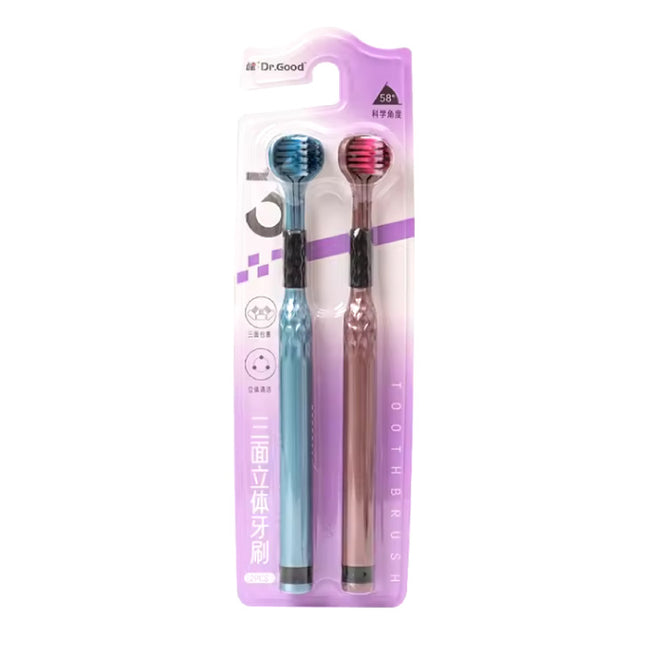 2-Pack Tandenborstel Set 3-Zijdig - Ideaal Hoekontwerp - Verhoogde Tongcoatingborstel - Blauw Roze