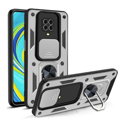 Xiaomi Redmi Note 10 (5G) - Armor Hoesje met Kickstand en Camera Slide - Magnetische Pop Grip Cover Case Zilver