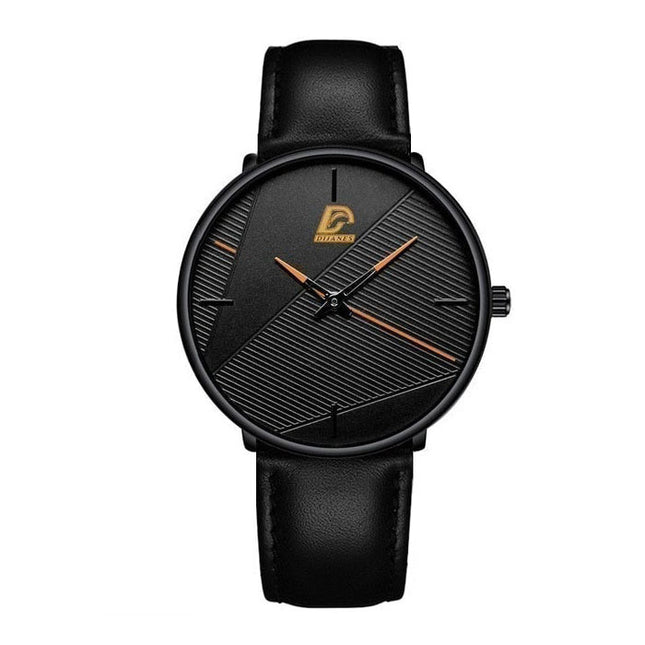 Minimalistisch Horloge voor Heren - Modieus Ultradun Zakelijk Kwarts Uurwerk Zwart Oranje Leren Bandje