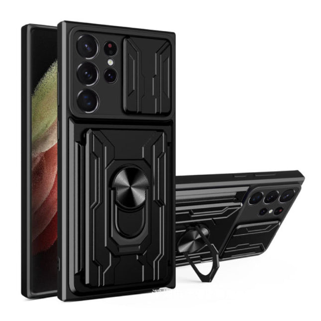 Samsung Galaxy S23 - Card Slot Hoesje met Kickstand en Camera Slide - Magnetische Pop Grip Cover Case Zwart