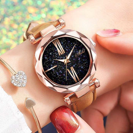 Minimalistisch Horloge Sterrenhemel voor Dames - Modieus Casual Leren Bandje Kwarts Zwart