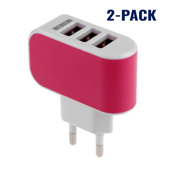 2-Pack  Triple (3x) USB Port iPhone/Android Muur Oplader Wallcharger Roze
