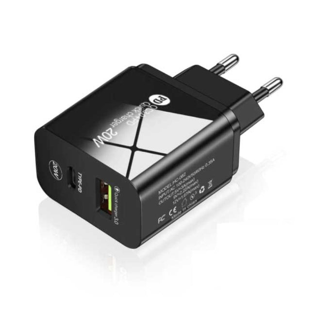 Dual Port Stekkerlader - PD / Quick Charge 3.0 - 20W Power Delivery USB Fast Charge - Oplader Muur Wallcharger AC Thuislader Adapter Zwart