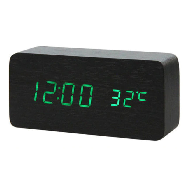 Houten Digitale LED Klok - Wekker Alarm  Snooze Temperatuur Helderheid Aanpassing Zwart