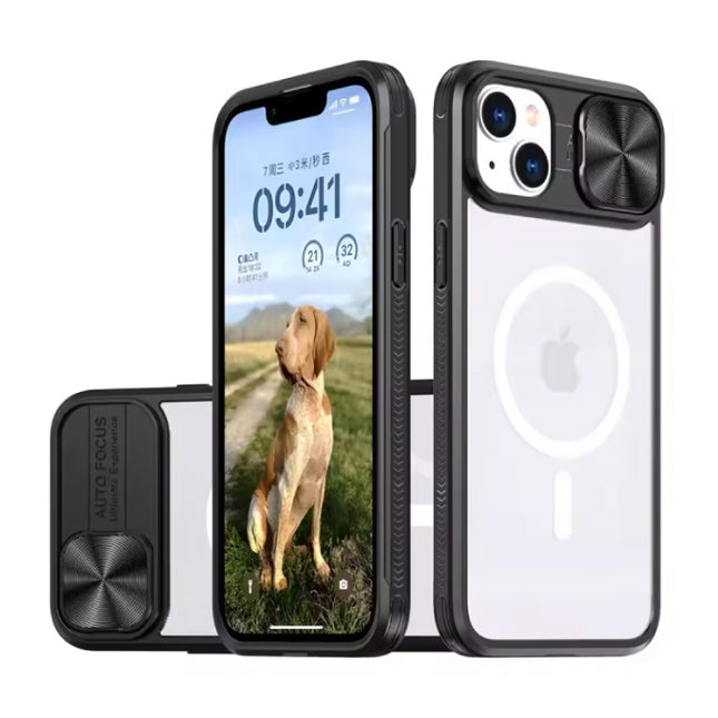 Draadloos Opladen Hoesje voor iPhone 15 Plus - met Camera Slide  -  Bumper Cover voor Magsafe - Zwart