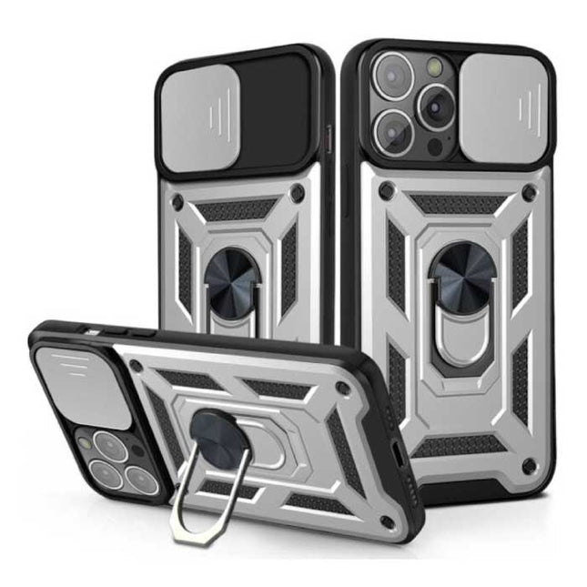 iPhone 13 - Armor Hoesje met Kickstand en Camera Bescherming - Pop Grip Cover Case Zilver