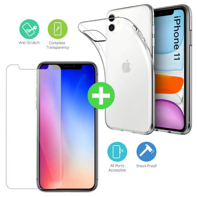 iPhone 11 Transparant TPU Hoesje + Screen Protector Tempered Glass