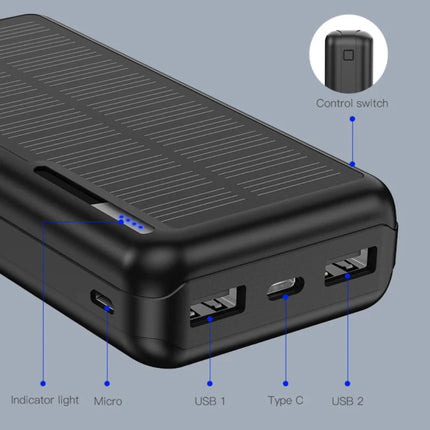 Draadloze Solar Powerbank met 4 Poorten 20.000mAh - LED Indicator Externe Noodaccu Batterij Oplader Charger Zon Zwart