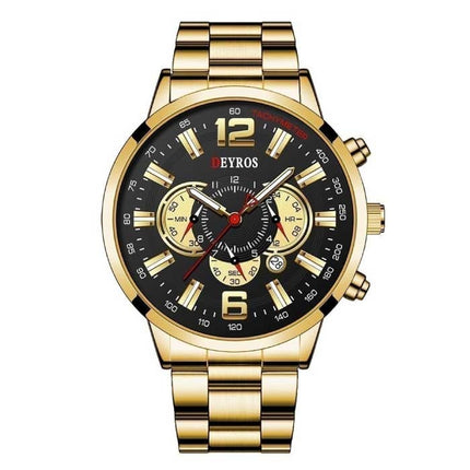 Roestvrij Staal Sport Horloge voor Heren - Kwarts Uurwerk Kalender Lichtgevende Klok Staal Goud Zwart