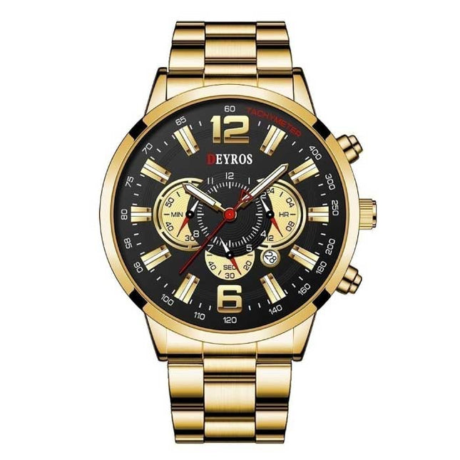 Roestvrij Staal Sport Horloge voor Heren - Kwarts Uurwerk Kalender Lichtgevende Klok Staal Goud Zwart