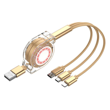 3 in 1 Intrekbare Oplaadkabel - iPhone Lightning / USB-C / Micro-USB - 1.2 Meter Oplader Spiral Data Kabel Goud-Transparant