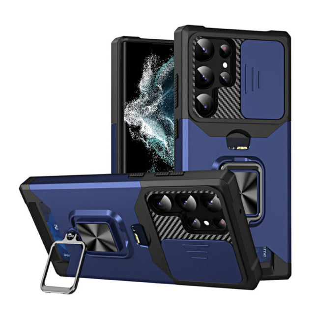 Samsung Galaxy S22 - Card Slot Hoesje met Kickstand en Camera Slide - Grip Socket Magnetische Cover Case Blauw