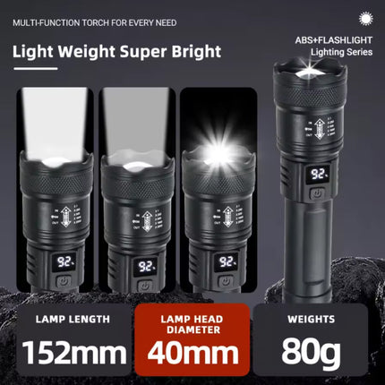 Tactische Zaklamp - 2000 Lumen LED Schijnwerper met Zoom Kamperen Noodgeval Lantaarn - Zwart