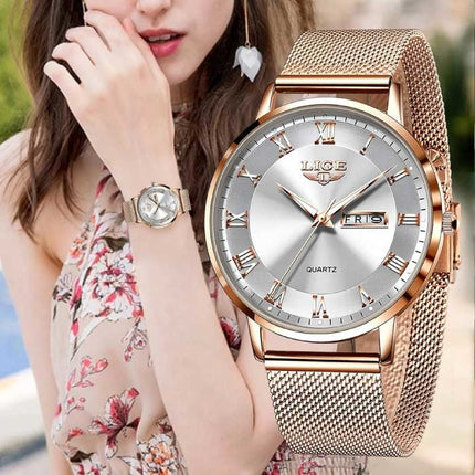 Ultradun Luxe Horloge voor Dames - Kalender Kwarts Roestvrij Staal Waterdicht Horloge Zwart Blauw