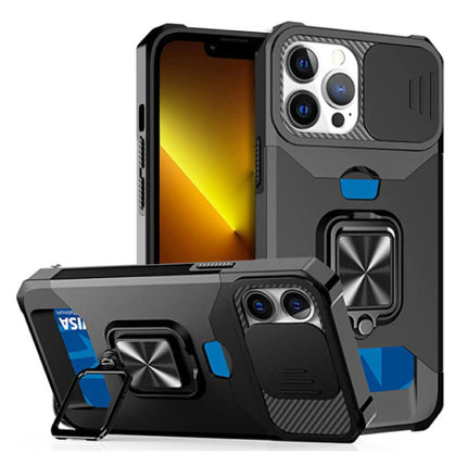 iPhone 6 - Card Slot Hoesje met Kickstand en Camera Slide - Grip Socket Magnetische Cover Case Zwart 