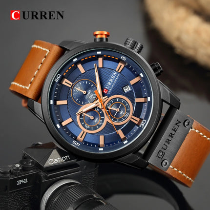 Heren Horloge met Leren Bandje - Anoloog Luxe Kwarts Uurwerk voor Mannen - Roestvrij staal - Oranje-Zwart